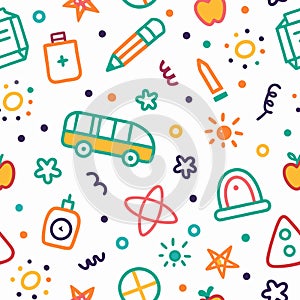 Seamless pattern with colorful doodle school supplies, bus, and other elem