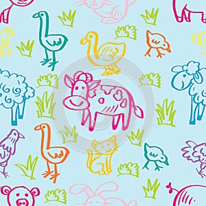 Seamless pattern with colorful farm animals.