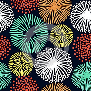 Seamless pattern with colorful fireworks, decorative lights of various colors and shapes photo