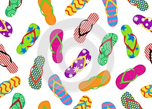 Seamless pattern of colorful flip flops set isolated on white background