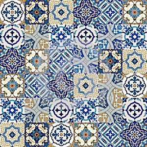 Seamless pattern from colorful floral Moroccan, Portuguese tiles, Azulejo, ornaments. photo