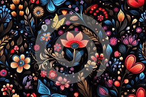 seamless pattern with colorful flowers and butterflies on black background