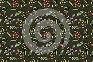 Seamless Pattern of Colorful Flowers and Green Leaves on Dark Background