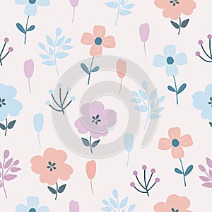 Seamless pattern with colorful flowers. Hand drawn floral pattern for your fabric, summer background, wallpaper, backdrop, textile