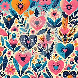 Seamless pattern with colorful flowers and hearts. Illustration