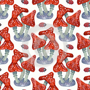 Seamless pattern with colorful fly agaric and ladybugs.