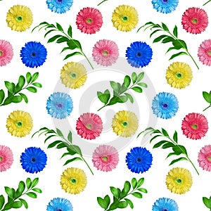 Seamless pattern of colorful gerbera flowers and green leaves on white background isolated, multi-colored daisy flower ornament photo