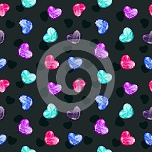 Seamless pattern with colorful glossy diamond hearts on the black background.