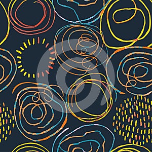 Seamless pattern with colorful hand drawn abstract round elements, doodles