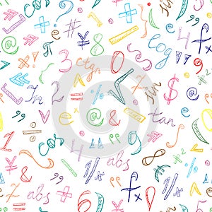 Seamless Pattern of Colorful Hand Drawn Doodle Symbols and Numbers. Scribble Mathematics Signs.