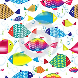 Seamless pattern of colorful hand drawn fishes