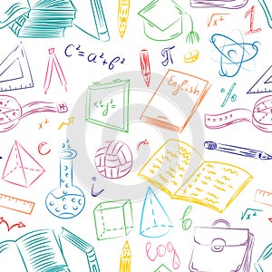 Seamless Pattern with Colorful Hand Drawn School Symbols.