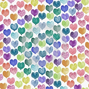 Seamless pattern of colorful hand painted aqua color hearts