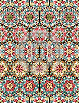 Seamless pattern with colorful hexagonal tiles. Patchwork. Stained glass. Vector design