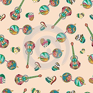 Seamless pattern with colorful hippie sunglasses, acoustic guitars and hearts in zentangle style.