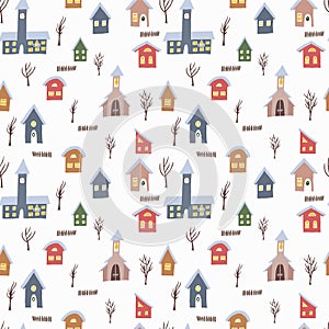 Seamless pattern with colorful houses