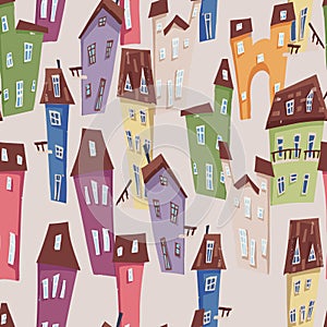 Seamless pattern of colorful houses cartoon style