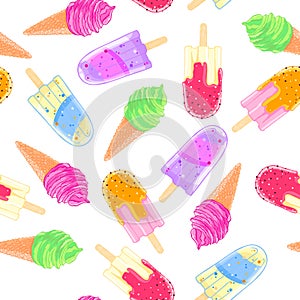 Seamless pattern with colorful ice cream cone and popsicle. Summer texture