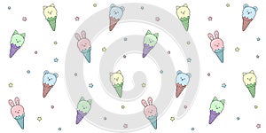 Seamless pattern with colorful ice cream cones in the form of cute animals and small stars