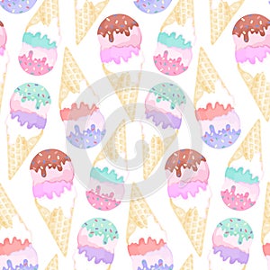 Seamless pattern with colorful ice-cream cones on white background. Watercolor seamless design with frozen yogurt drawing
