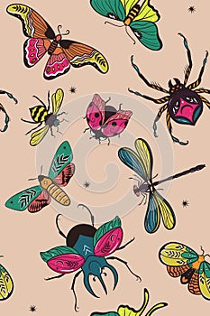 Seamless pattern with colorful insects. Vector graphics