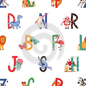 Seamless pattern with colorful letters of English alphabet and corresponding cute animals on white background. Endless