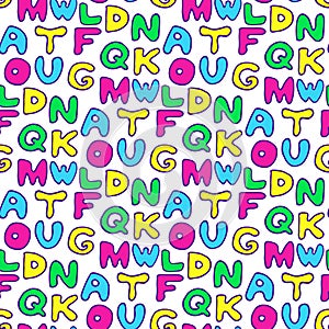 Seamless pattern with colorful letters. Handwritting doodle kids background.