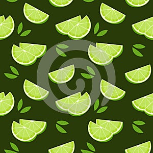 Seamless pattern, colorful lime slices and leaves on a green background. Fruit background, print, textile