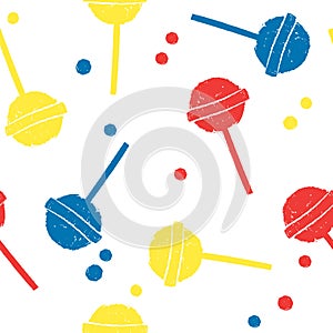 Seamless pattern with colorful lollipops, isolated on white background. Candy in pop art style.