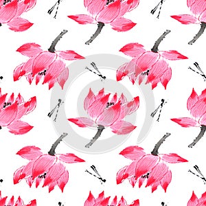 Seamless pattern with colorful lotuses and dragonflies.