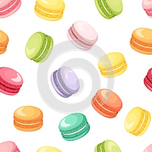 Seamless pattern with colorful macaroon cookies on white. Vector illustration. photo