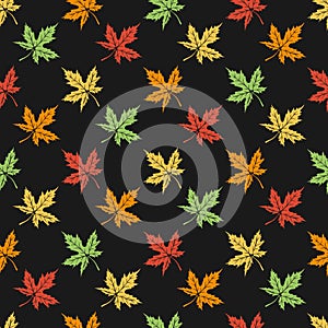 Seamless pattern with colorful Maple Leaves in darck background