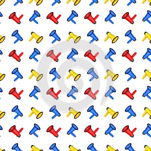 Seamless pattern of colorful megaphones on white background isolated close up, loudspeakers backdrop design, loudhailers ornament