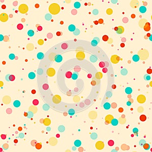 Colorful messy dots on beige background. Festive seamless pattern with round shapes.