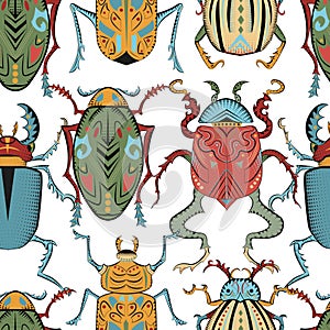 Seamless pattern with colorful mystic decorated bugs against white background