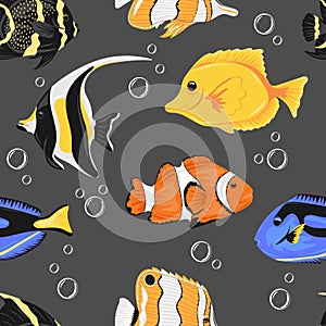 Seamless pattern with colorful oceanic fishes. Marine dwellers