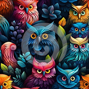 Seamless pattern with colorful owls and leaves. generative AI