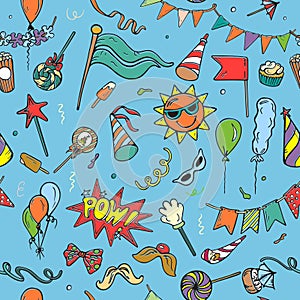 Seamless pattern of colorful party objects on blue background