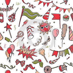 Seamless pattern of colorful party objects on white background