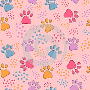 Seamless pattern with colorful pets paws. Cat or dog footprint outline cute background with dots on pink. Animal backdrop for pet