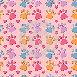 Seamless pattern with colorful pets paws. Cat or dog footprint outline cute childish bright background with hearts on pink. Animal