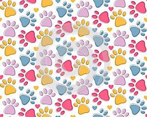Seamless pattern with colorful pets paws. Cat or dog footprint outline cute childish bright background with hearts on white.