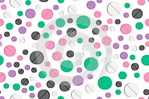 Seamless pattern with colorful pills. Dropping colorful red, blue, yellow, white pills isolated on white background