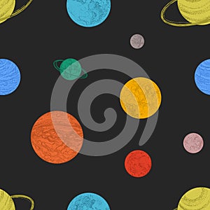 Seamless pattern with colorful planets and other space objects on black background. Backdrop with celestial bodies hand