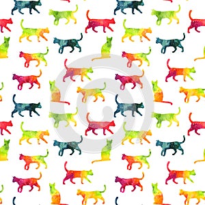 Seamless pattern with colorful rainbow silhouettes of watercolor cat isolated on white background