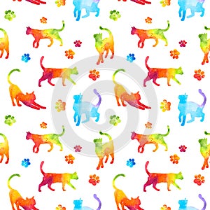 Seamless pattern with colorful rainbow silhouettes of watercolor cat and paws isolated on white background