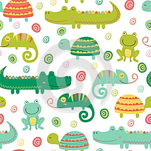 Seamless pattern with colorful reptile and amphibian