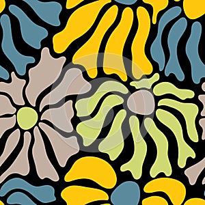 Seamless pattern with colorful retro groovy flowers on dark bsckground. Summer simple abstract design in naive art style