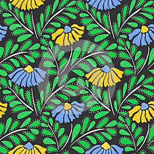 Seamless pattern with colorful retro groovy yellow and blue daisies on black. Summer textured abstract floral design in naive art