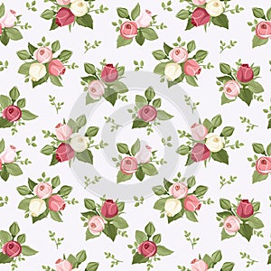 Seamless pattern with colorful rose buds on blue.